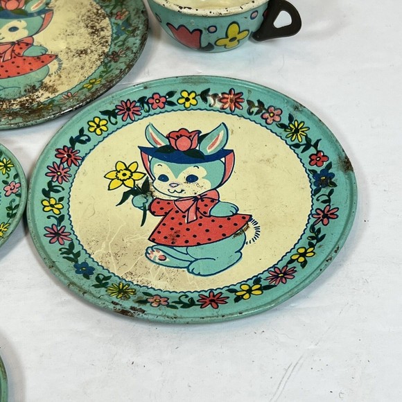 Vintage J. Chein Bunny Rabbit 1 Serving Platter, 8 Plates and 2 Cups Litho Tin - Picture 4 of 9